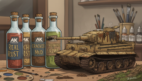 Bouteilles de peinture AK Interactive spécialisées dans le weathering avec des effets de rouille et de boue réalistes, à côté d'un char d'assaut miniature vieilli, style hyperréaliste.