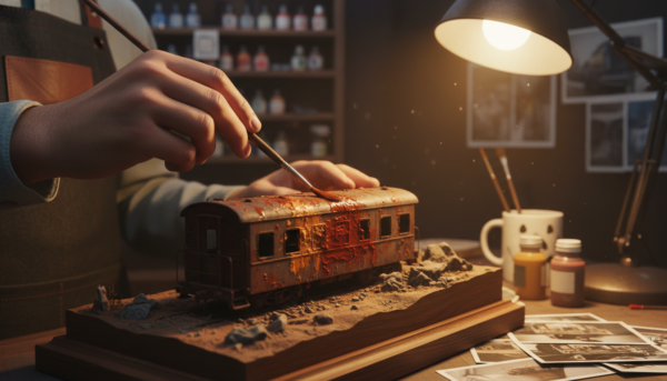 Close-up cinematic shot of an artist's hand applying oil paint to a miniature scenery, creating realistic weathering and rust effects, warm workshop lighting, highly detailed.