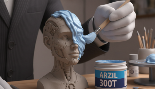 Close-up macro shot of a hand applying blue ARZIL 300T silicone elastomer with a brush onto a detailed clay model, demonstrating the creamy texture and high precision of the mold-making process.