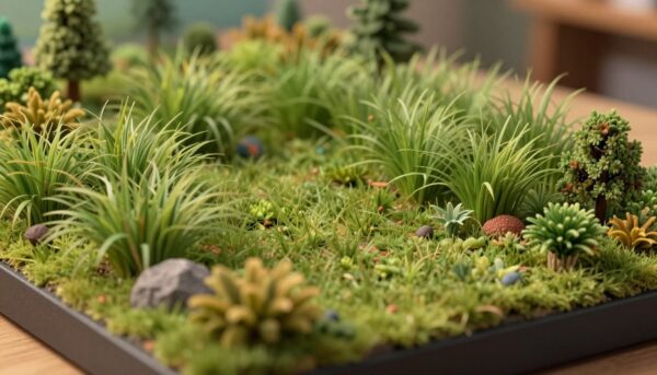 Close-up of a high-quality miniature landscape featuring realistic grass flocking, tiny bushes, and diverse vegetation textures on a diorama base, 4k, cinematic lighting.