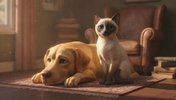 Close-up of highly detailed realistic dog and cat figurines, including a Labrador and a Siamese cat, arranged on a miniature living room rug, soft natural lighting, professional photography style.