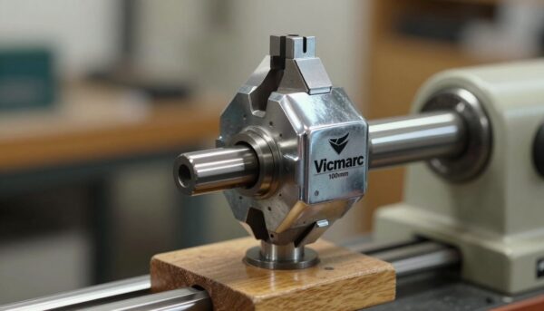 Close-up professional photo of a shiny chrome Vicmarc 100mm woodturning chuck mounted on a wooden lathe spindle, workshop background with soft bokeh, high detail on the steel jaws.
