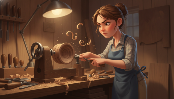 Close-up view of a wooden lathe in action, with a skilled artisan shaping a piece of hardwood into a delicate bowl. The artisan, dressed in modest casual clothing, focuses intently on the spinning wood, surrounded by an array of hand tools and shavings scattered on a wooden workbench. In the background, warm, soft lighting from an overhead lamp illuminates the workspace, creating a cozy, inviting atmosphere. Soft shadows play on the walls, hinting at craftsmanship and dedication. The angle captures the intricate details of the wood grain and the artisan's concentrated expression, symbolizing the beauty of self-taught woodworking skills.