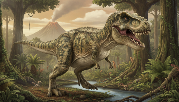 CollectA Tyrannosaurus Rex figurine, scientific accuracy, realistic lizard-like skin texture, prehistoric jungle background, detailed scales.
