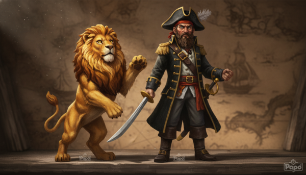 Collection of Papo figurines featuring a detailed pirate and a majestic lion, vibrant colors, artistic hand-painted style, cinematic lighting.