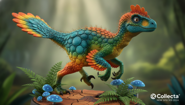 Figurine de dinosaure CollectA 2024, espèce rare nouvellement découverte, couleurs vives et naturelles, détails d'écailles macro.