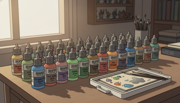 Flacons de peinture Reaper Master Series alignés avec une palette humide, montrant une grande variété de teintes mates, éclairage de studio naturel.