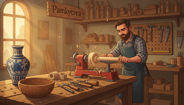 Foreground: A beautifully crafted wooden bowl and a decorative vases, showcasing intricate details and smooth finishes, resting on a workbench. Tools for woodturning, such as a lathe, chisels, and sandpaper scattered nearby, are prominently positioned. Middle: A skilled artisan, dressed in modest casual clothing, focused on the lathe, demonstrating a process of shaping wood. The artisan exudes craftsmanship and dedication, surrounded by various wooden pieces and shavings. Background: A cozy workshop setting with shelves filled with wood pieces, tools hanging on the walls, and warm, ambient lighting filtering through a window, creating a welcoming atmosphere. The overall mood is creative and inspiring, reflecting the art of woodworking. Brand name: Pamkycrea.
