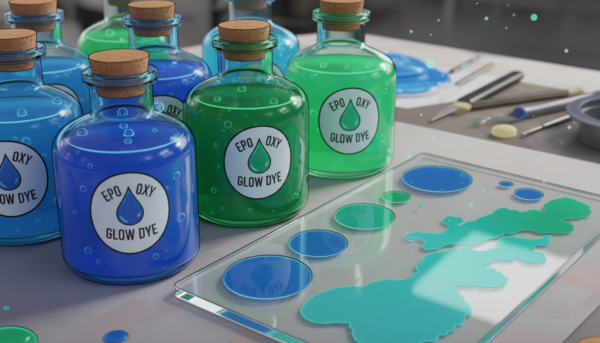 Gros plan sur des flacons de colorant pour résine époxy modélisme, teintes bleues et vertes, avec une palette de test à côté, haute définition.