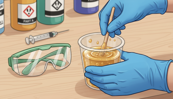 Gros plan sur des mains portant des gants en nitrile bleus manipulant un gobelet de mélange de résine, avec des lunettes de protection à côté sur un plan de travail propre.