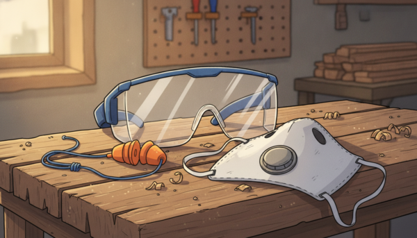 Gros plan sur un kit de sécurité pour tournage sur bois comprenant des lunettes de protection, un masque anti-poussière et des bouchons d'oreilles posés sur un établi en bois, lumière naturelle.