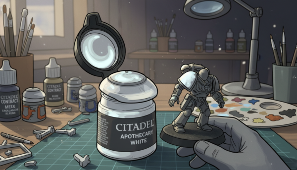 Gros plan sur un pot de peinture Citadel Contrast ouvert montrant une couleur vive, avec une figurine Warhammer à moitié peinte à côté, style atelier d'artiste, très détaillé.