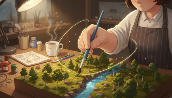 Gros plan sur une main d'artiste tenant un pinceau synthétique fin, peignant les détails d'un diorama forestier, ambiance chaleureuse et créative.