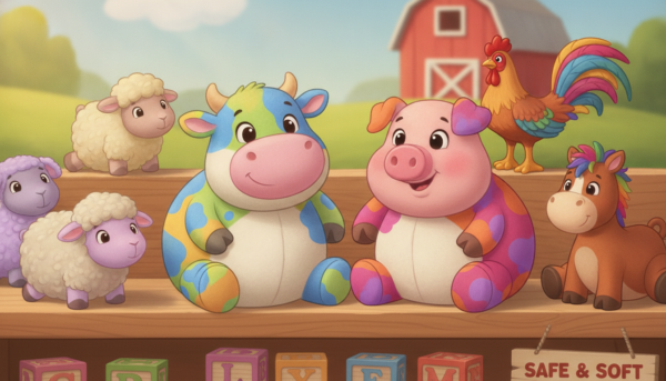 Group of Mojo and Bullyland farm animal figurines, colorful cow and pig, safe non-toxic PVC material, soft toy aesthetic.