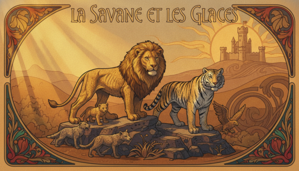 Groupe de figurines Papo, lion majestueux et tigre de Sibérie, style artistique français, finitions détaillées, éclairage chaud.