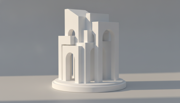 High-quality professional studio photography of a pure white architectural miniature sculpture made with MoldMaster UW1000+ powder, vibrant natural lighting, minimalist grey background, showcasing smooth texture and sharp details.