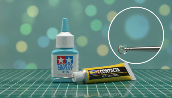 High-quality studio photograph of a Tamiya Thin Cement bottle and Revell Contacta professional glue on a modeling mat, soft bokeh background, macro detail of the applicator needle.
