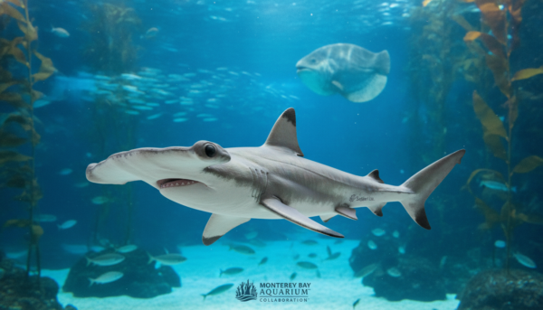 Macro photographie d'une figurine de requin-marteau Safari Ltd, détails anatomiques précis, collaboration Monterey Bay Aquarium, fond marin réaliste.