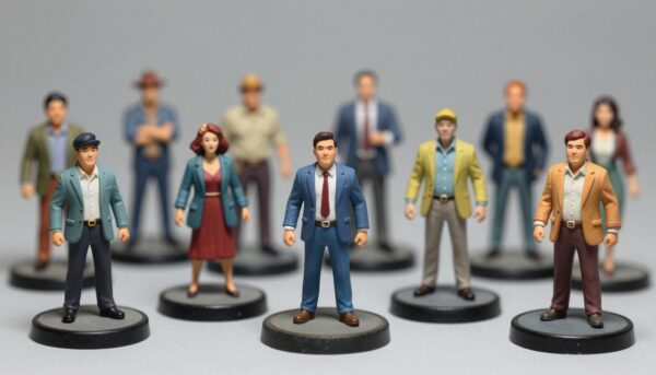 Macro photography of high-quality painted miniature figurines at HO scale for professional dioramas, diverse poses, realistic details, 3D master quality.