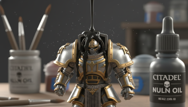 Macro photography showing Citadel Nuln Oil wash flowing into the deep recesses of a metallic miniature armor, showing high contrast between light and shadows.