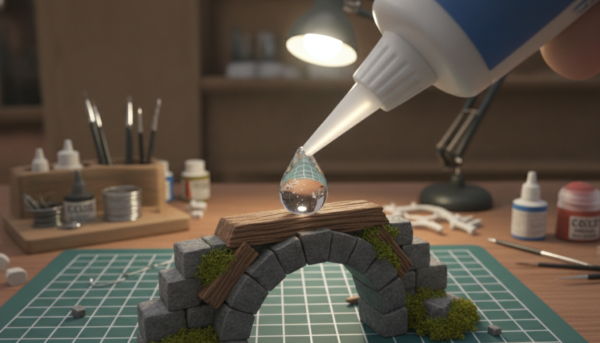 Macro shot of a clear cyanoacrylate glue droplet being applied to a small diorama part, professional lighting, realistic textures, workshop environment.