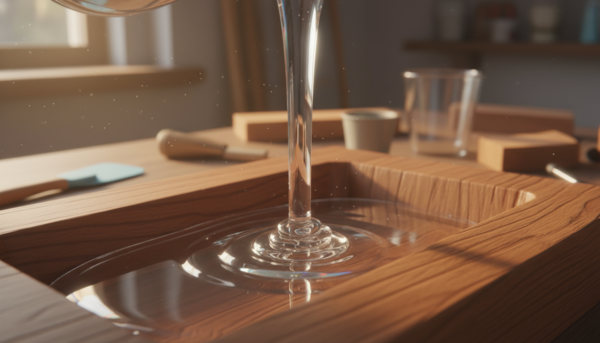 Macrophotography of a crystal clear 100% solid epoxy resin being poured into a wooden mold, no bubbles, liquid texture, high quality professional craft, 8k.