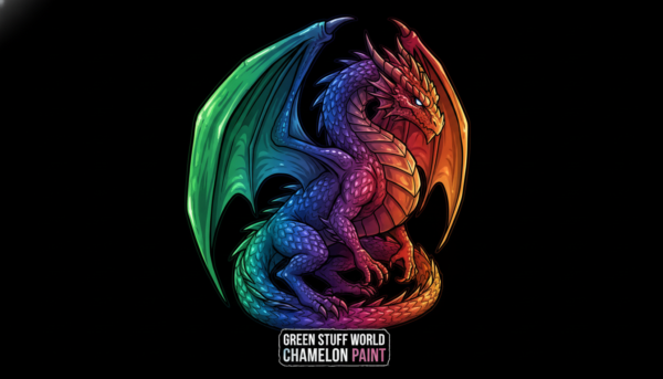 Peinture caméléon Green Stuff World montrant des reflets changeants sur une figurine de dragon, reflets métalliques brillants, fond sombre pour accentuer l'effet.