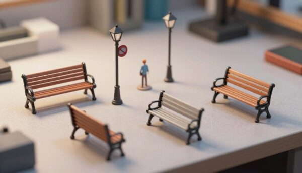 Photographie macro de haute précision montrant divers accessoires de mobilier urbain miniature à l'échelle 1:50, incluant des bancs publics et des lampadaires détaillés, disposés sur un plan de travail d'atelier propre, éclairage professionnel cinématographique.