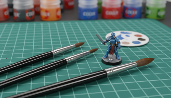 Photographie macro de trois pinceaux de modélisme haut de gamme tailles 0, 1 et 2, disposés en éventail sur un tapis de découpe avec une figurine en cours de peinture.