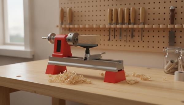 Photographie professionnelle et chaleureuse d'un tour à bois midi compact installé sur un établi en bois clair, avec des outils de tournage bien rangés en arrière-plan et des copeaux frais éparpillés, éclairage naturel d'atelier.