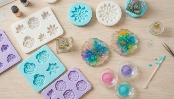 Photorealistic top-down view of various high-quality silicone molds for resin casting, including flower shapes, geometric forms, and small bowls, on a clean wooden craft table with some cured resin pieces nearby.
