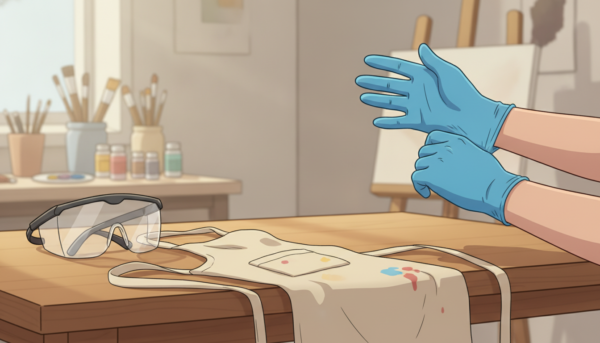 Professional close-up of an artist's hands putting on blue nitrile gloves in a clean studio, protective goggles and a cotton apron visible on the wooden table, soft natural lighting, high resolution.