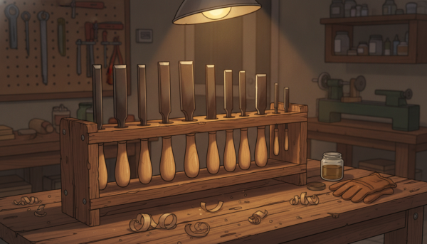 Professional high-quality woodturning tool set made of high-speed steel with ergonomic wooden handles, arranged neatly on a rustic carpenter workbench, warm workshop lighting, cinematic atmosphere.