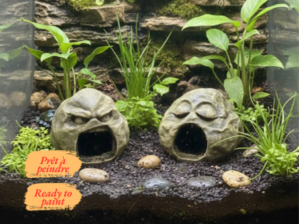 Cachette originale terrarium à peindre avec visage de pierre mystique, idéale comme abri pour reptile.