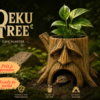 decor-jardiniere-grotte-deku-tree-terrarium Jardinière-grotte Deku Tree végétalisée avec plantes miniatures dans un terrarium humide avec un gecko.