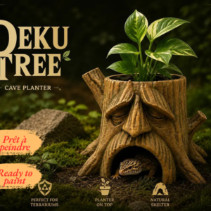 Jardinière-grotte Deku Tree végétalisée avec plantes miniatures dans un terrarium humide avec un gecko.