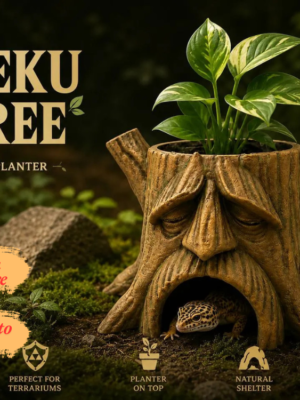 decor-jardiniere-grotte-deku-tree-terrarium Jardinière-grotte Deku Tree végétalisée avec plantes miniatures dans un terrarium humide avec un gecko.