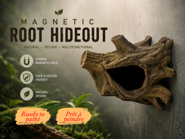 cachette-gecko-magnetique-terrarium-humide Cachette gecko magnétique installée en hauteur dans un terrarium tropical brumeux au-dessus d'un lézard vert.