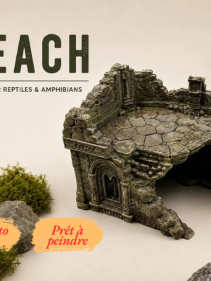 cachette-reptile-the-breach-kit-a-peindre Cachette reptile en forme de ruines gothiques médiévales, kit brut prêt à peindre en impression 3D.