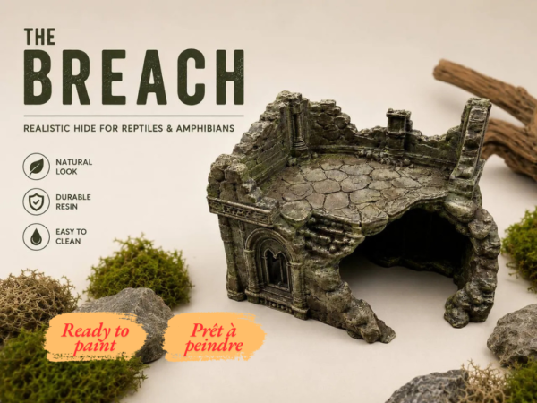 Cachette reptile en forme de ruines gothiques médiévales, kit brut prêt à peindre en impression 3D.