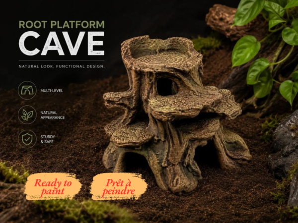 Cachette reptile Root Platform Cave sous forme de souche d'arbre brute en kit à peindre.