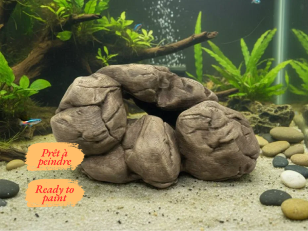 cachette-rocheuse-arche-pla Grotte rocheuse texturée en forme d'arche pour terrarium posée sur un fond clair, montrant les détails des strates minérales.