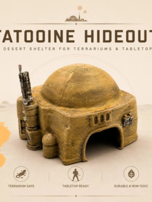 refuge-tatooine-terrarium-pla Vue de face du refuge de Tatooine imprimé en 3D, montrant sa large ouverture arquée qui en fait une parfaite cachette pour terrarium reptile désertique.