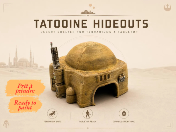 refuge-tatooine-terrarium-pla Vue de face du refuge de Tatooine imprimé en 3D, montrant sa large ouverture arquée qui en fait une parfaite cachette pour terrarium reptile désertique.