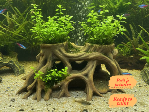Cachette racine terrarium aquarium à peindre, un décor aquascape naturel avec espaces de plantation intégrés.