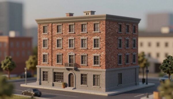 Réaliste maquette de bâtiment de ville miniature avec des textures de briques vieillies et des fenêtres détaillées, style diorama professionnel, éclairage doux de fin de journée.