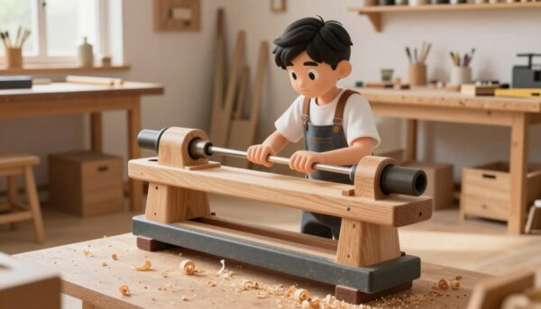 Realistic photography of a beginner wood lathe in a bright, cozy home workshop with wood shavings on the floor, professional lighting, 4k resolution.