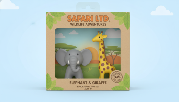 Safari Ltd educational wildlife toy set, including an elephant and a giraffe, eco-friendly packaging aesthetic, bright and clear design.
