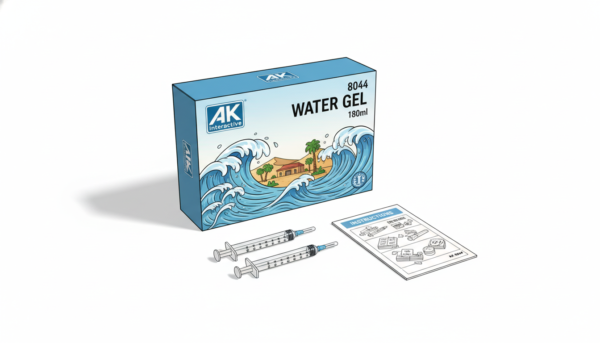 Studio photograph of AK Interactive 8044 Water Gel 180ml box set, includes two precise dosing syringes and clear instruction manual, professional hobbyist product layout on white background.