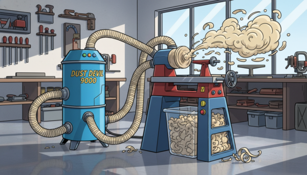 Un aspirateur à copeaux bois professionnel haute performance avec des tuyaux flexibles connectés à une machine de tournage dans un atelier moderne.
